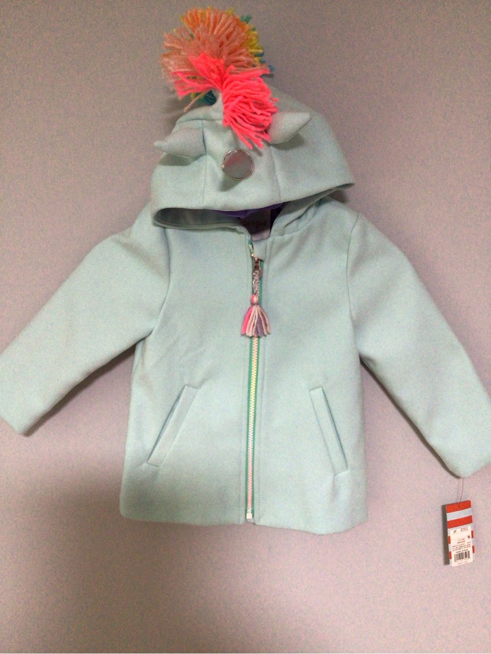 Cat & Jack Toddler Light Blue Hooded Unicorn Rainbow Jacket with Pom-Pom Accent
